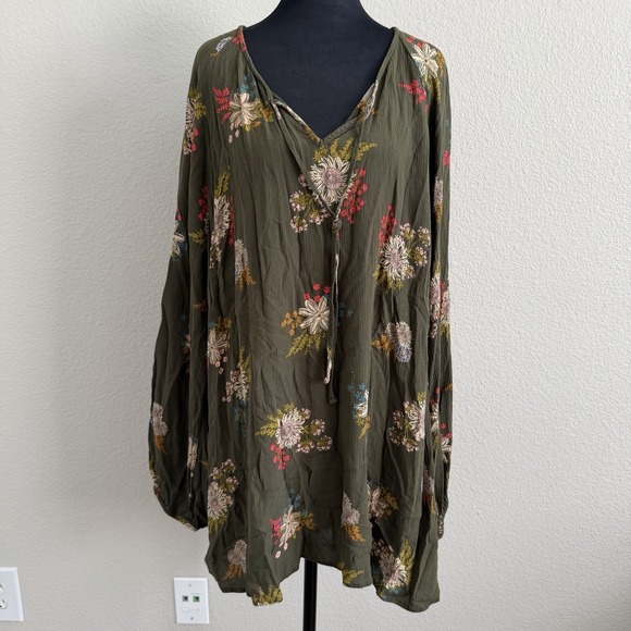 Sonoma Tops - Floral Tie-Neck Olive Green Women's Tunic Top